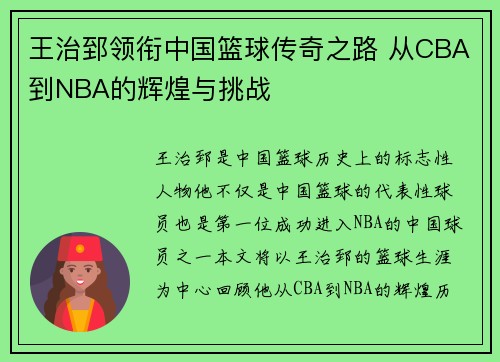 王治郅领衔中国篮球传奇之路 从CBA到NBA的辉煌与挑战