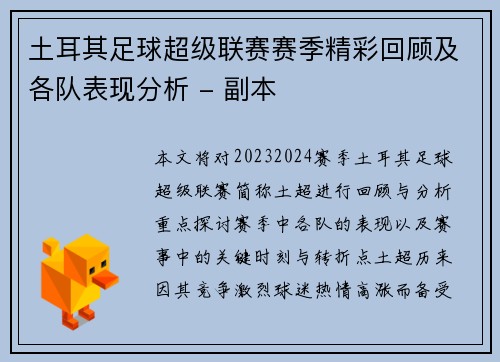 土耳其足球超级联赛赛季精彩回顾及各队表现分析 - 副本