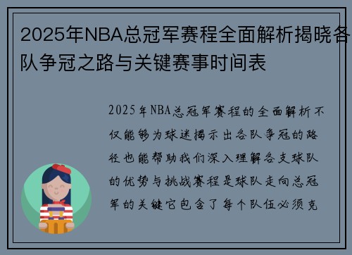 2025年NBA总冠军赛程全面解析揭晓各队争冠之路与关键赛事时间表
