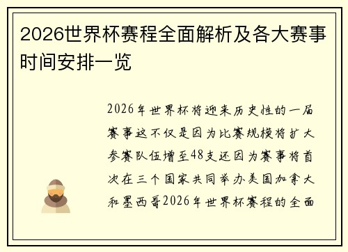 2026世界杯赛程全面解析及各大赛事时间安排一览